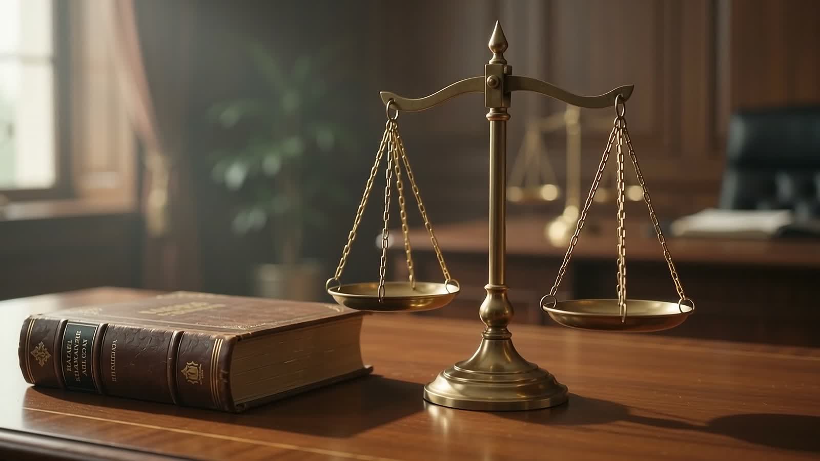 Balança da justiça sobre mesa de escritório